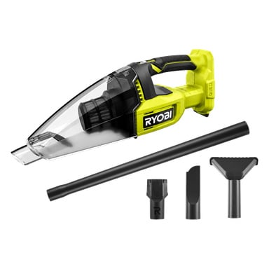 Ryobi One+ RHV18-0 trådløs håndholdt støvsuger i gult og svart, gjennomsiktig søppelbøtte med logo, inkluderer fire svarte rengjøringsverktøy.