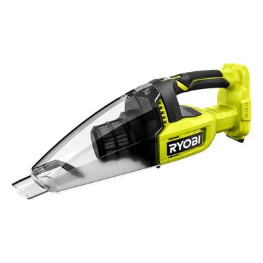 En gul och svart Ryobi One+ handhållen dammsugare (RHV18-0) med ett klart dammfack och ett ergonomiskt handtag, visade utan batteri.