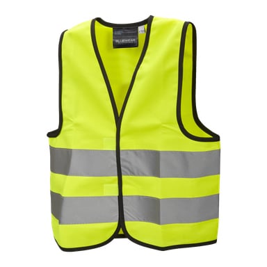 Bluewear Children's reflekterende vest er et knallgult, ermeløst plagg med høy synlighet, designet med to horisontale sølvrefleksstriper og kantet med svart kant.