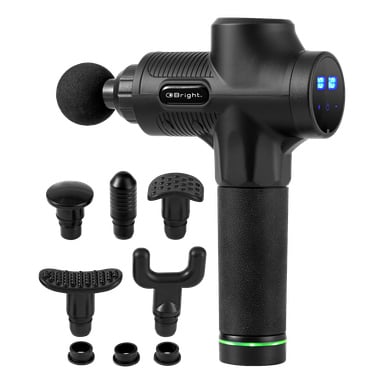 En svart Bright Massage Gun med digital display visas med sex olika formade utbytbara massagehuvuden.