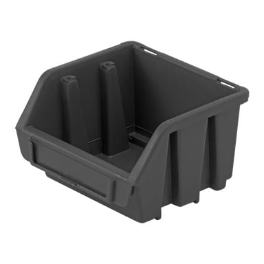 En svart plastförvaringslåda med öppen front, stadiga förstärkta sidor och inbyggda formgjutna handtag. Den rektangulära formen gör den lämplig för att snyggt organisera och förvara små föremål.