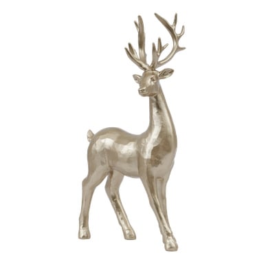 EKVIP Stående hjort är en dekorativ staty i metallguld med stora horn, stående framtill och något vinklad.