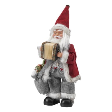 En glad jultomtefigur från EKVIP visas spela på ett dragspel. Han bär glasögon, en traditionell röd hatt, en röd rock med vit pälskant och grå byxor. I ena handen håller han dragspelet; i den andra bär han en grå säck överfull av grönska och en inslagen present.