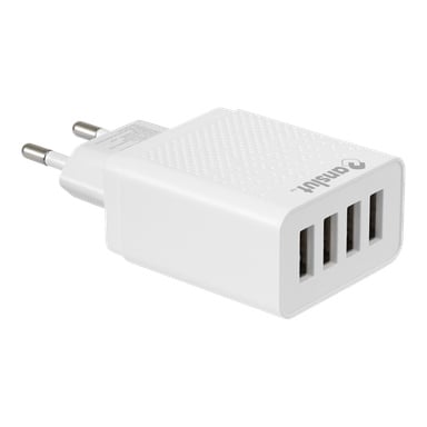 Anslut Charger är en vit USB-adapter med fyra portar, två runda klor, en texturerad finish och logotypen Anslut på sidan.
