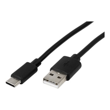 Anslut Charger-kabeln USB C är en svart kabel med en USB Type-A-kontakt i ena änden och en USB Type-C-kontakt i den andra.