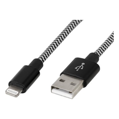 Anslut Charger-kabeln Lightning har ett svart och vitt chevronmönster, med USB-A i ena änden och Lightning i den andra.