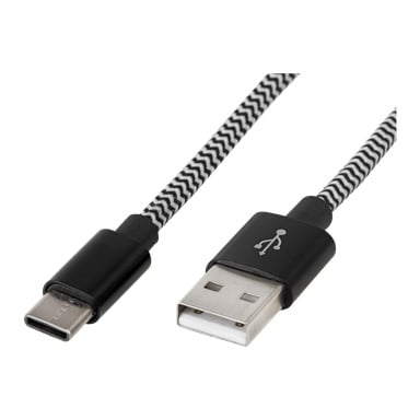 Anslut Charger-kabeln USB C har en svartvit flätad design med USB-A till USB-C-kontakter.