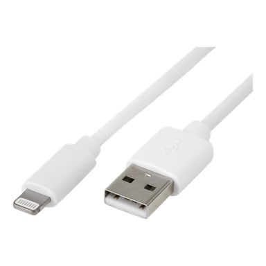 En närbild på Anslut Charger-kabeln Lightning, som visar en vit USB-A-kontakt i ena änden och en Lightning-kontakt i den andra.