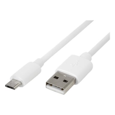 Anslut Charger -kaapeli, Micro-USB valkoinen USB-kaapeli, jossa on USB-A-liitin toisessa päässä ja micro USB -liitin toisessa.