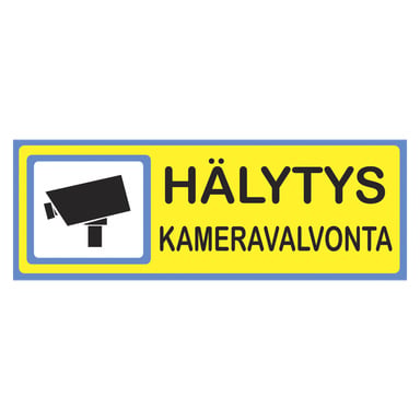 Dekalstajlingin varoituskyltissä on keltainen tausta, vasemmalla musta turvakamerakuvake ja oikealla lihavoitu musta teksti "Hälytys Kameravalvonta", mikä varoittaa kameravalvontaa ja hälytysjärjestelmää.