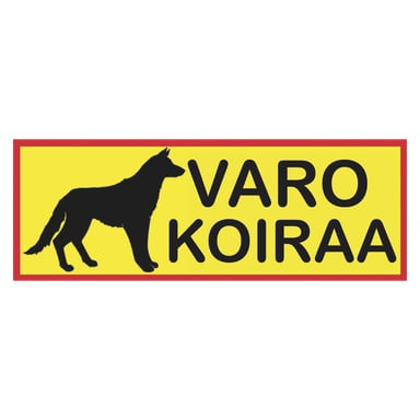Dekalstajlingin keltaisessa varoituskyltissä on punainen reunus, keskellä musta koiran siluetti ja lihavoituilla mustilla kirjaimilla, joissa lukee "VARO KOIRAA".