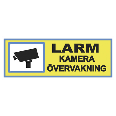 En Dekalstajling-varningsskylt med gul bakgrund, en svart kameraikon och orden "LARM KAMERA ÖVERVAKNING" som indikerar larm och videoövervakning, kantad i blått.