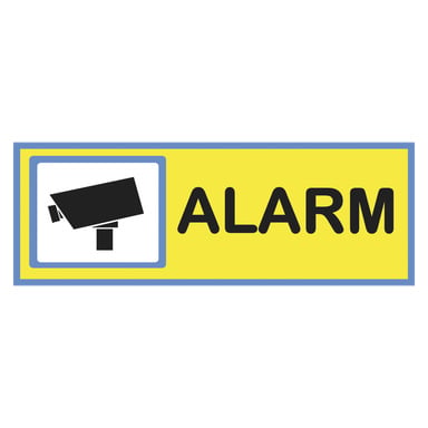 Et fett svart kamerasymbol er plassert ved siden av ordet "ALARM" i sterke svarte bokstaver på et gult skilt med blå kanter fra Dekalstajling.