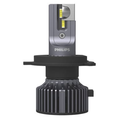Eine Nahaufnahme der LED-Scheinwerferlampe des Philips Car Ultinon Pro3022 zeigt ihre vertikale Position, mit einem markanten Metallkühlkörper an der Basis, sichtbaren LED-Chips oben und dem Philips-Logo auf der Karosserie.