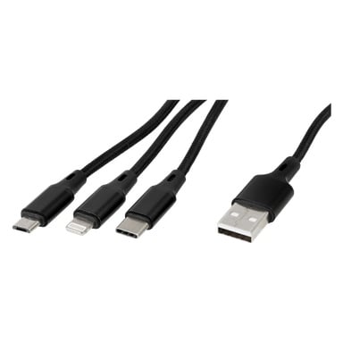 Tre Anslut 3-i-1-laddkablar med svarta flätade utsidor visas, var och en med USB-C, Micro USB och Lightning-kontakter bredvid en standard USB-A-kontakt.