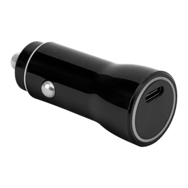 Anslut Car-laddaren är en svart, cylinderformad adapter med en enda USB-C-port och metallkontakt på sidan, gjord för att passa i bilens eluttag eller cigaretttändaruttag.