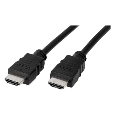 En Anslut HDMI-kabel med svart design visas, utrustad med två identiska hankontakter. Kontakterna har platta, rektangulära metallspetsar omgivna av svarta plasthöljen.