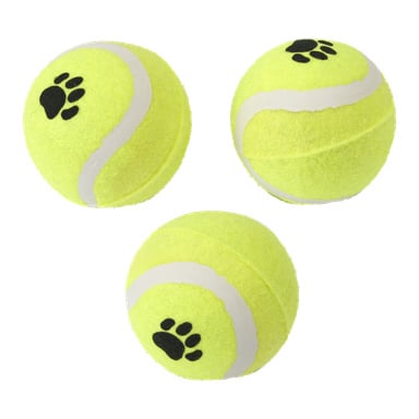 Tre gula "Kayoba"-tennisbollar för hundar, med vita böjda linjer och ett svart tassavtryck, såldes i ett paket om tre.