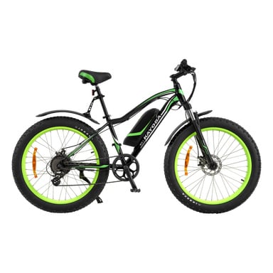 Kayoba E-fatbike är en svart och grön elcykel med tjocka däck, svart sadel, fram- och bakskärmar, skivbromsar och ett batteri monterat på underröret, visat i en sidovy.