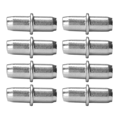 Åtta identiska Hard Head-hyllhållare är placerade i två rader om fyra. Varje silvermetallbärare har en central upphöjd ring och cylindriska ändar.