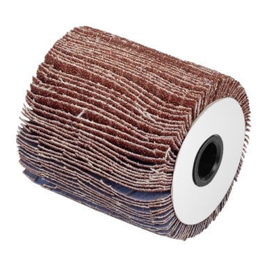 Närbild av en Meec Tools Flap Disc för en poleringsmaskin, som visar dess cylindriska form med flera lager sandpappersklaffar, en vit central skiva och ett hål i mitten för fäste, avsedd för ytbehandling och slipning.