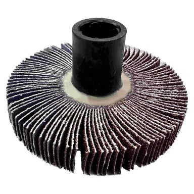 Närbild av Meec Tools klaffskiva designad för en poleringsmaskin, som visar flera lager av sandpappersflikar arrangerade runt en central cylindrisk nav.