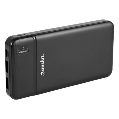 En svart, rektangulär Anslut Powerbank med mjukt rundade kanter, som visar en 10 000mAh kapacitetsmarkering på framsidan, utrustad med fyra LED-indikatorer och två USB-portar.