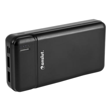 En slank svart Anslut Powerbank med en kapasitet på 20 000 mAh, som viser to USB-porter og fire små LED-lys for ladingsindikasjon, og Anslut-logoen synlig på forsiden.