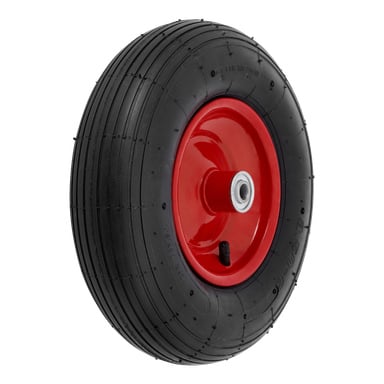 Hamron Pneumatic-hjulet har ett svart gummidäck med en enkel mönsterdesign monterad på en livfull röd metallfälg. En luftventil finns med, tillsammans med ett centralt lager för att möjliggöra enkel montering.