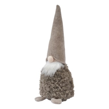 EKVIP Santa är en mjuk tomte med lång beige hatt, rund näsa, vitt skägg, lockig brun kropp och små beige fötter, sittande upprätt.