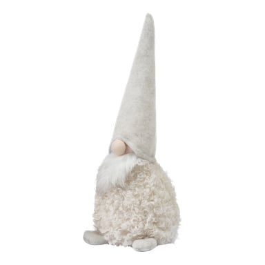 EKVIP Santa är en mjuk tomte med en hög, spetsig ljusgrå hatt dragen över ögonen, rund näsa, ett fluffigt vitt skägg och en lockig vit kropp som sitter upprätt.