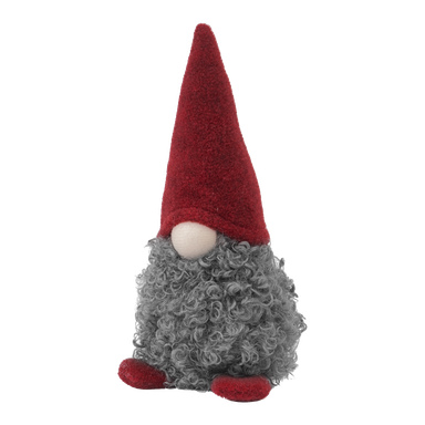 En mjuk EKVIP tomtefigur med hög röd hatt, buskigt grått lockigt skägg, rund näsa och röda skor är avbildad.