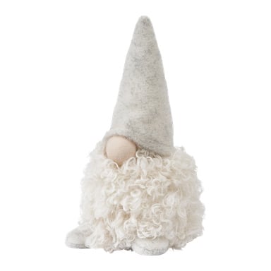 En EKVIP-tomte-gosedjur med hög, spetsig vit hatt, rund persikofärgad näsa och fluffigt vitt skägg sitter på en plan yta.