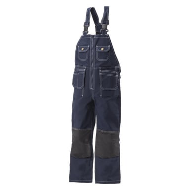 Bluewear marineblå barnesmekk og støttebånd med hvit søm, flere frontlommer, justerbare skulderstropper, glidelås foran og forsterkede svarte knelapper.