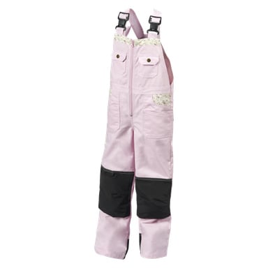 Lyserosa Bluewear-smekk- og støttebukser for barn med svarte kneforsterkninger, blomsterdesign på lommene, glidelåsforan, justerbare skulderstropper med spenne og flere lommer foran.