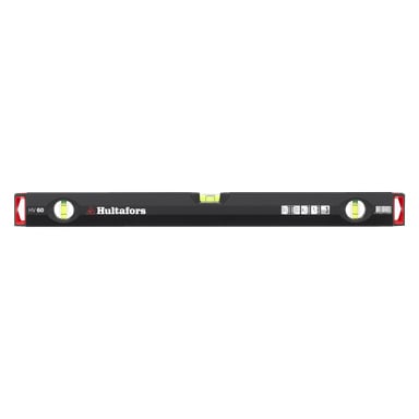 Hultafors Spirit level HV 60 z trzema fiolkami bąbelkowymi do precyzyjnych pomiarów poziomych i pionowych, czerwonymi końcówkami oraz białymi etykietami.