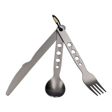 Ett set med tre Kayoba Outdoor Lightweight metallredskap—en kniv, sked och gaffel—var och en med hexagonala utskärningar nära handtagen och förbundna med en liten karbinhake.