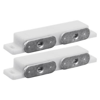 Två matchande Hard Head Magnetic lock dubbelenheter (2-pack) placerade bredvid varandra. Varje vit, rektangulär spärr har integrerade metallplattor, förborrade hål för montering och två metallkontakter som är utformade för att hålla dörrar eller skåp ordentligt stängda.