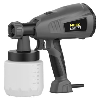 En grå Meec Tools spraypistol med svart handtag och avtryckare är fäst vid en vit färgbehållare märkt med volymmått från 100 ml till 800 ml.
