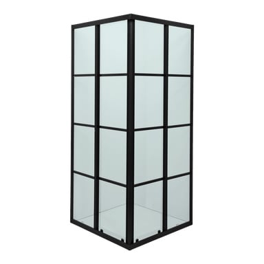 En EKVIP svart hörndusch med skjutdörrar, byggd av glas och metall med svarta rutnätslinjer, är vinklad för att avslöja båda sidor och basen.