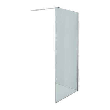 En ramlös klar glasskärm EKVIP Shower med en metallstödsstång upptill, avsedd för vertikal installation som ett delvis duschkabinett.