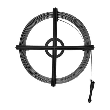 En hård huvudrengöringsstång med en spiralad metalltråd förvarad på en svart plastrulle med rund mittpunkt och tvärbalkar, som slutar i en metallspets fäst vid ett svart plasthandtag.