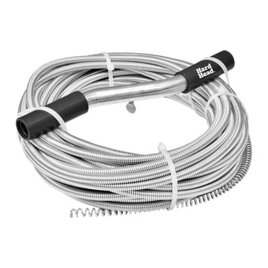 En spiralad metallavloppssnok från Hard Head med ergonomiskt handtag och spiralspets, avsedd för att rensa rörblockeringar. Verktyget hålls ihop av vita plastband.