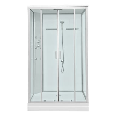 EKVIP Shower Cubicle har ett minimalistiskt utseende, utrustat med skjutdörrar i glas, flera sidodysor, ett avtagbart handhållet duschmunstycke och ett regnvattenliknande tak.