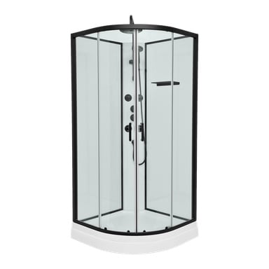 EKVIP Shower Cubicle med takdusch visar klara glasväggar, en slank svart ram, en vit bas, duschmunstycken ovanför och handhållna duschar, en kompakt hylla och inbyggda kontrollrattar inuti.