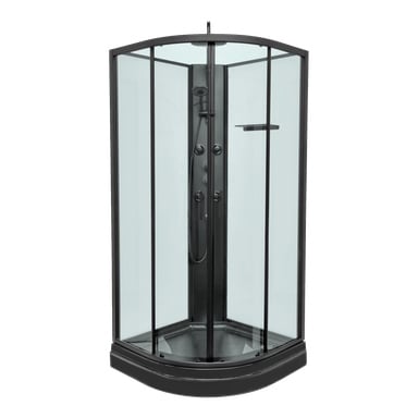 Ett elegant EKVIP Black duschkabinett med en takdusch, framhävd av svart metallram och klara glaspaneler, inkluderar en inbyggd hylla, ett svart duschmunstycke och en matchande svart bas med dörrarna stängda.