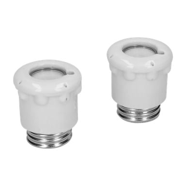 Två vita keramiska Ifö-pluggkapslar (2-pack) med metalliska skruvsocklar. Varje adapter har en cirkulär topp, med ett genomskinligt centrum och en räfflad kant.