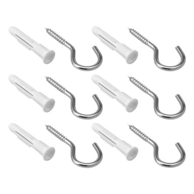Tre rader med Hard Head Universal 6-pack set visas, varje set innehåller vita plastpluggar och silverfärgade metall-C-krokar med skruvar i ett alternerande mönster.