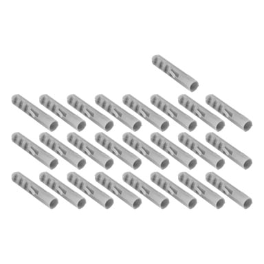 Tjugofyra grå Hard Head Nylon-pluggar är prydligt arrangerade, mestadels parallella, med en plugg något avskild från de andra.