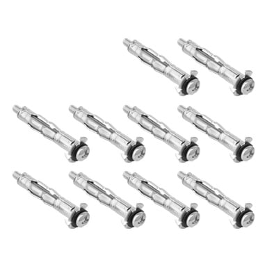 Tio Hard Head Metal-expanders från ett 10-pack visas i två ojämna rader. Varje expander har svarta brickor, Phillips-skruvhuvuden, en cylindrisk kropp bestående av flera sektioner och en gängad ände.